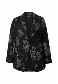 Černý strukturovaný blazer se stříbrným květinovým a krajinným vzorem. Dvoubarevný design s dvěma předními kapsami a vystřihanými klopy.
