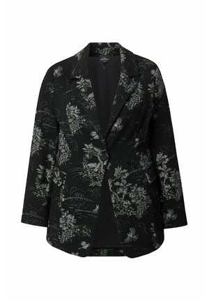 Zwarte blazer met textuur, voorzien van een bloemen- en landschapspatroon in zilver. Dubbelzijdig ontwerp met twee voorzakken en geknipte revers.