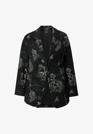 Black textured blazer featuring a floral and landscape pattern in silver. Double-breasted design with two front pockets and notched lapels.