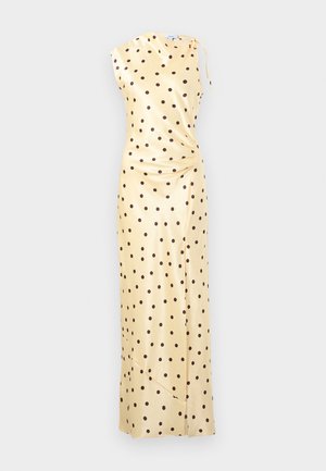 Długa sukienka bez rękawów z satyny w jasnym żółtym kolorze w czarne kropki, z asymetrycznym dekoltem i marszczeniem z boku.