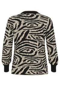 Pulover tricotat cu un model abstract bej și negru, guler rotund, mâneci lungi și manșete ondulate pentru textură și potrivire.
