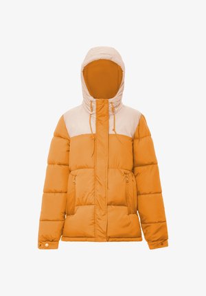 Doudoune orange et crème, avec capuche, poches zippées et design coloré avec texture matelassée.