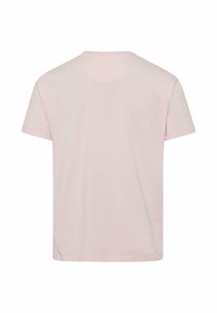 T-shirt rosa a maniche corte, colletto rotondo, realizzata in tessuto morbido, con una superficie liscia e un design semplice senza loghi o fantasie visibili.