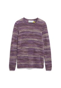 Langärmliger Rundhalsausschnitt-Pullover mit gemischten lila, braunen und beigen horizontalen Streifen, flach auf einem weißen Hintergrund präsentiert.