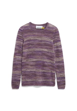 Long-sleeve crew neck sweater with blended purple, brown, and beige horizontal stripes, displayed flat on a white background.