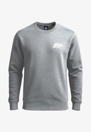 Grijze sweatshirt van zacht materiaal, met een ronde halslijn, geribbelde boorden en onderrand, en een witte beerafbeelding op de linkerborst.