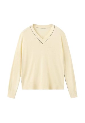 Pull en V de couleur jaune clair avec manches longues et couture noire le long de l'encolure. Fabriqué en tissu doux et respirant avec une coupe décontractée.