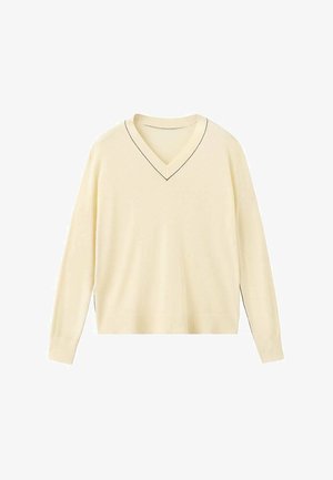 Pull en V de couleur jaune clair avec manches longues et couture noire le long de l'encolure. Fabriqué en tissu doux et respirant avec une coupe décontractée.