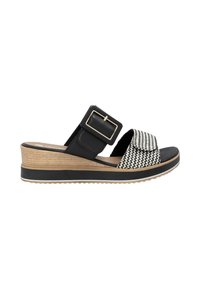 Schwarz-weißer karierter Rutschsandale mit einem breiten Riemen und einer großen eckigen Schnalle, strukturiertem Fußbett und einem leichten Holzkeilabsatz.