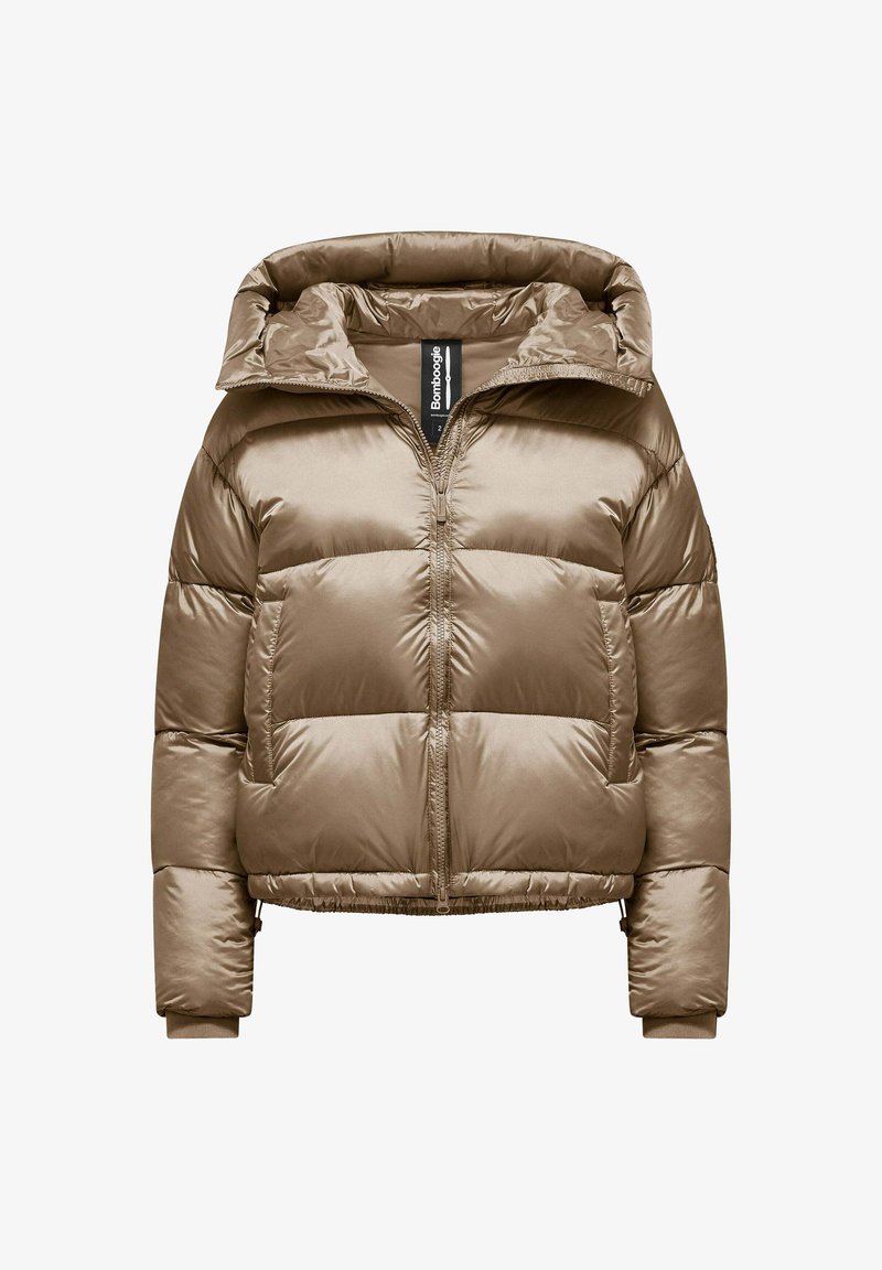 Gepolsterte Bomberjacke in einem hellbraunen Farbton, ausgestattet mit einem Reißverschluss, einer Kapuze und gerippten Bündchen. Glatte Textur mit horizontalen Steppdetails.