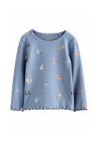 Hellblaues Langarmshirt mit gerippter Textur, das ein verspieltes Muster aus Tieren und Regenbögen zeigt, abgerundet mit einem gewellten Saum.