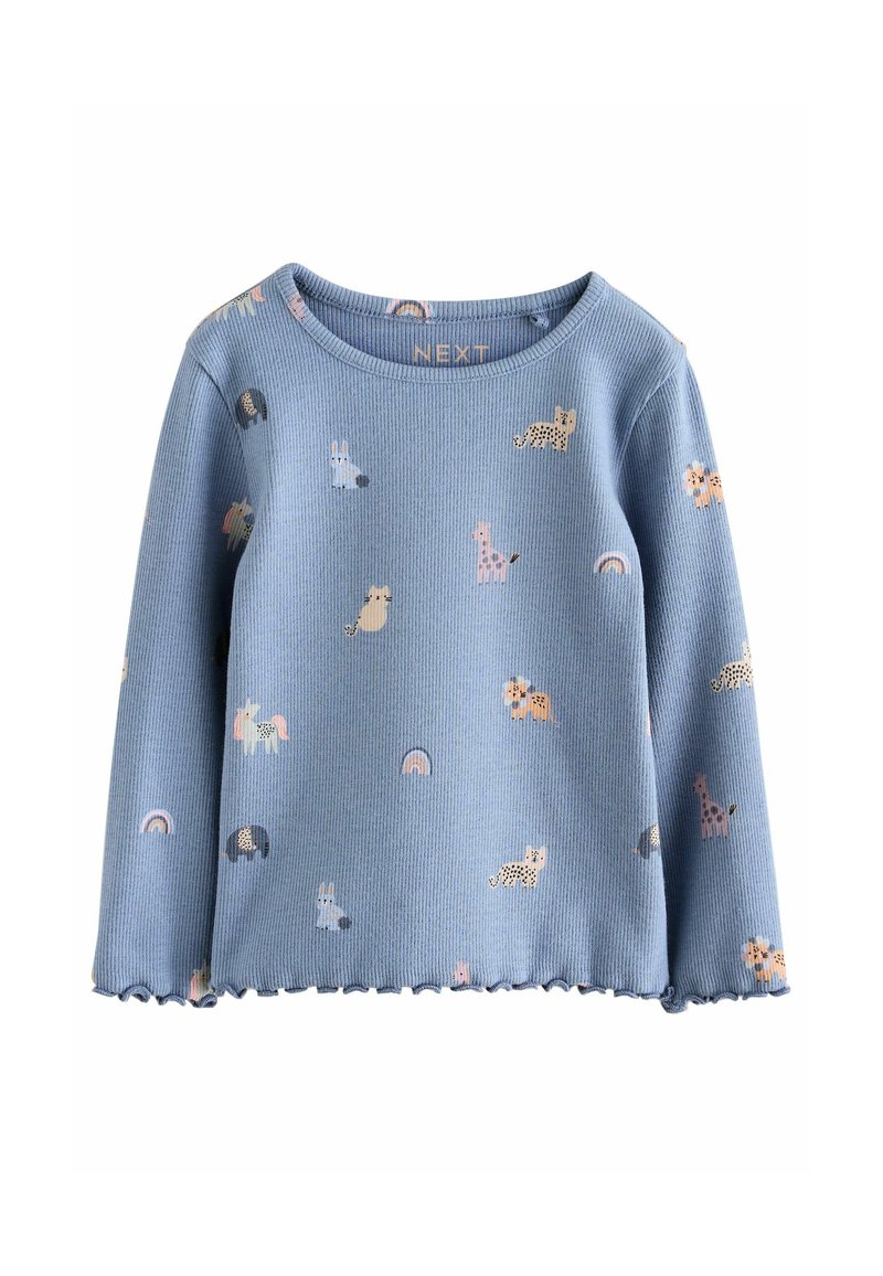 Hellblaues Langarmshirt mit gerippter Textur, das ein verspieltes Muster aus Tieren und Regenbögen zeigt, abgerundet mit einem gewellten Saum.