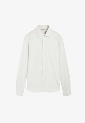 Camisa blanca de manga larga hecha de una tela suave, con un cuello clásico, cierre de botones en la parte frontal y un corte relajado.