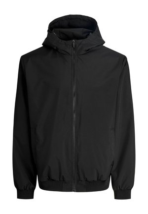 Schwarze Kapuzenjacke aus glattem Stoff. Verfügt über einen Reißverschluss, elastische Bündchen und eine lockere Passform. Minimalistisches Design ohne sichtbare Muster.