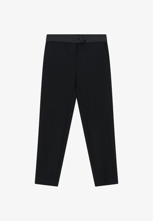 Pantaloni neri su misura con vita alta, chiusura con bottoni e tasche laterali, mostrati distesi su uno sfondo bianco.