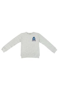 Grauer Sweatshirt mit langen Ärmeln, Rundhalsausschnitt, mit einem blauen Comic-Charakter und dem Text "STITCH" in dunkler Schrift. Glatte Stoffoberfläche.