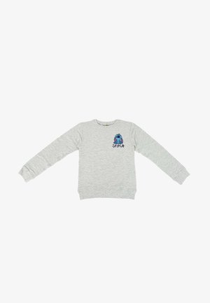 Grijze sweatshirt met lange mouwen, ronde hals, met een blauw cartoonfiguur en de tekst "STITCH" in donkere letters. Glad stoffen textuur.
