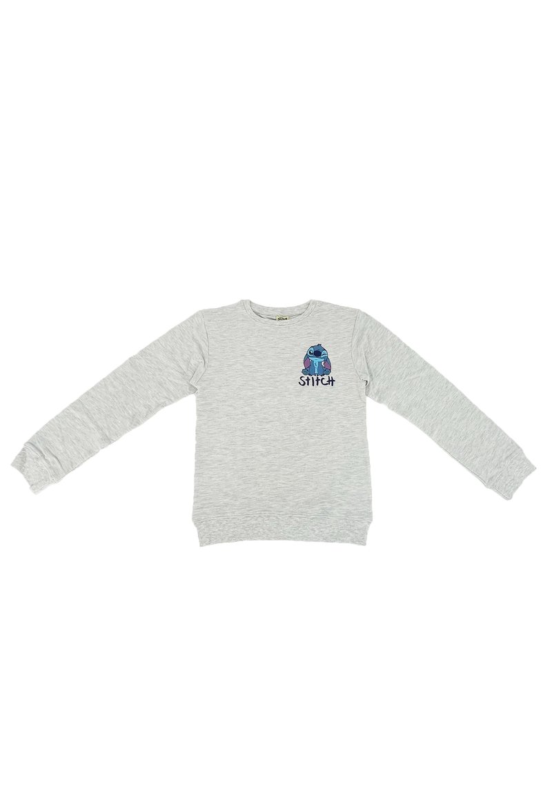 Grauer Sweatshirt mit langen Ärmeln, Rundhalsausschnitt, mit einem blauen Comic-Charakter und dem Text "STITCH" in dunkler Schrift. Glatte Stoffoberfläche.