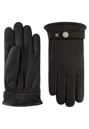 Coppia di guanti in pelle nera, uno mostra il palmo con polso elastico, l'altro mostra il retro con bottone e piccolo emblema metallico.