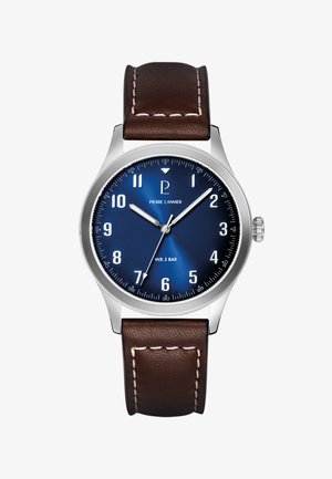 Pyöreä hopeinen kello sinisellä kellotaululla, valkoisilla arabialaisilla numeroilla, hopeisilla osoittimilla näyttäen aikaa 10:10:36, ja ruskea nahkaranneke, jossa on valkoiset saumat.