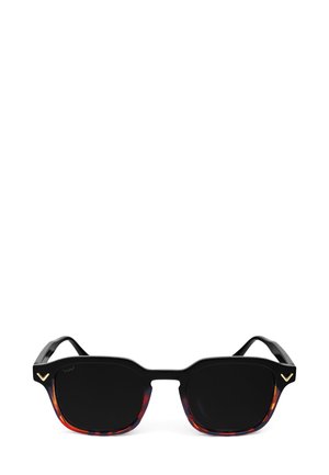 Black sunglasses with square frames, featuring a gradient from black to tortoiseshell at the edges. Gold accent on the frame.