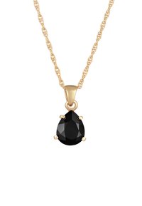 Guldkæde med en dråbeformet sort halvædelstensvedhæng, facetteret overflade og sikker klipsmontering.
