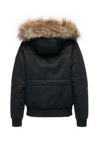 Black padded winter jacket with elastic cuffs and hem, featuring a hood lined with thick brown and beige fur trim, shown from back.