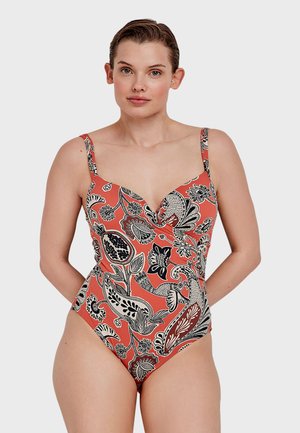 Maillot de bain une pièce corail avec des motifs floraux et des motifs cachemire noirs, doté de bretelles réglables et d'un design à buste froncé.
