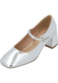 Sömlös metallisk Mary Jane-sko i silver med fyrkantig tå, justerbar rem och en låg blockklack. Slät textur med glansig yta.