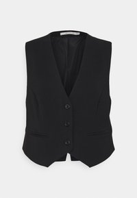 Schwarze Weste mit strukturierter Formgebung, ausgestattet mit einem tiefen V-Ausschnitt, fünf Knöpfen und seitlichen Taschen, gefertigt aus glattem, leichtem Stoff.