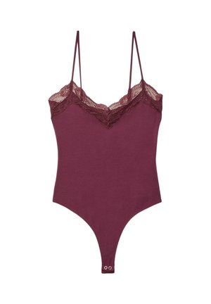 Body bordeaux avec fines bretelles et dentelle le long de l'encolure, présentant une coupe thong et une fermeture à pressions en bas.