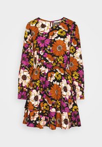 Langärmliges Kleid mit schwarzem Hintergrund und einem lebhaften Blumenmuster in Orange, Pink, Weiß und Gelb. Hat eine taillierte Taille und einen gestuften Rock.
