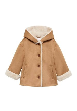 Manteau à capuche beige pour enfants avec doublure en fausse fourrure blanche, fermeture à boutons devant, manches à poignets et poches latérales.