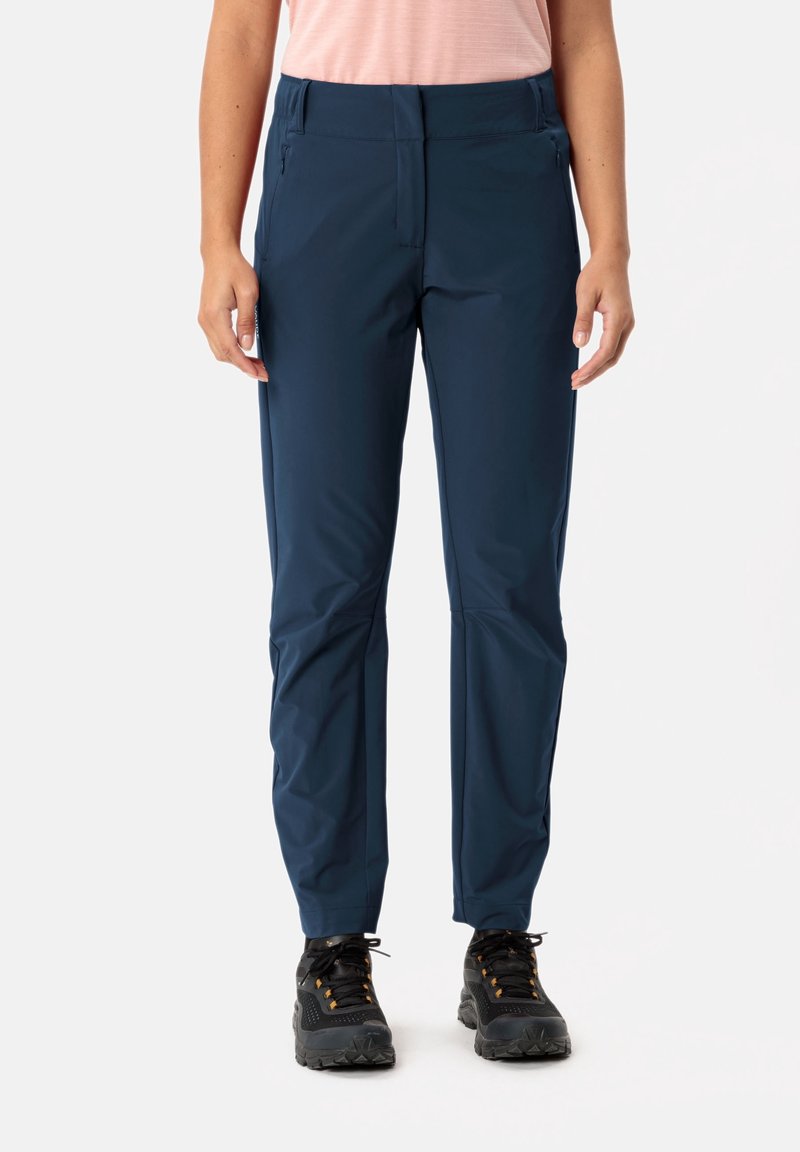 Navy blue lightweight pants with a tapered fit, featuring zippered pockets, elastic waistband, and smooth, durable fabric texture.