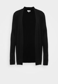 Svart cardigan med lös passform, långa ärmar, öppen front, tillverkad av lättstickad tyg. Inga knäppningar; strukturerad yta.