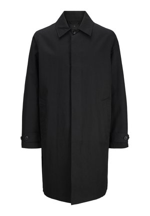 Cappotto da uomo nero monopetto di media lunghezza con colletto a punta, patta con bottoni nascosti, polsini con bottoni e tasche laterali.
