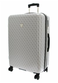Valise rigide blanche avec un motif logo répétitif. Comprend une poignée rétractable, des accents noirs et quatre roulettes pivotantes pour faciliter la mobilité.
