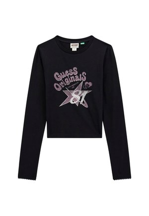 Czarny długi rękaw krótki top z bawełny z okrągłym dekoltem. Posiada metaliczny grafikę z napisem "Guess Originals 81" w fioletowych i srebrnych akcentach.