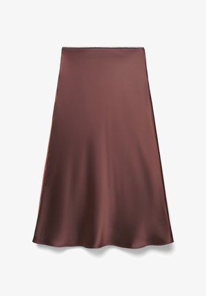 Brauner Satin-Midirock mit glatter Textur, Wellensaum und schlichtem Design. Verfügt über einen Reißverschluss am Bund zum Schließen.