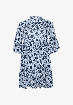 Heled sinine lilleline kleit musta lillemustriga, millel on 3/4 pikkusega kellukese varrukad, volangiga kaelus ja kihiline alläär. Kerge kangas.