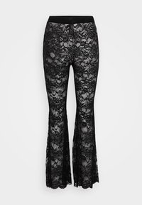 Pantaloni a palazzo in pizzo nero con una vita ampia, caratterizzati da motivi floreali su tutta la superficie e una trama semi-trasparente che si estende fino all'orlo.