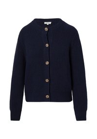 Marineblauem Strickcardigan mit Rundhalsausschnitt, ausgestattet mit Holzknöpfen auf der Vorderseite sowie gerippten Bündchen und Saum. Strukturiertes Gewebe.