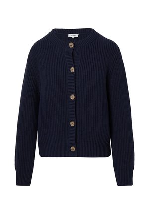 Cardigan tricoté bleu marine avec un col rond, présentant des boutons en bois sur le devant et des poignets et un ourlet côtelés. Tissu texturé.