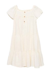 Robe à manches courtes en tissu blanc cassé, avec un décolleté carré, trois boutons sur le devant et des manches volantées.