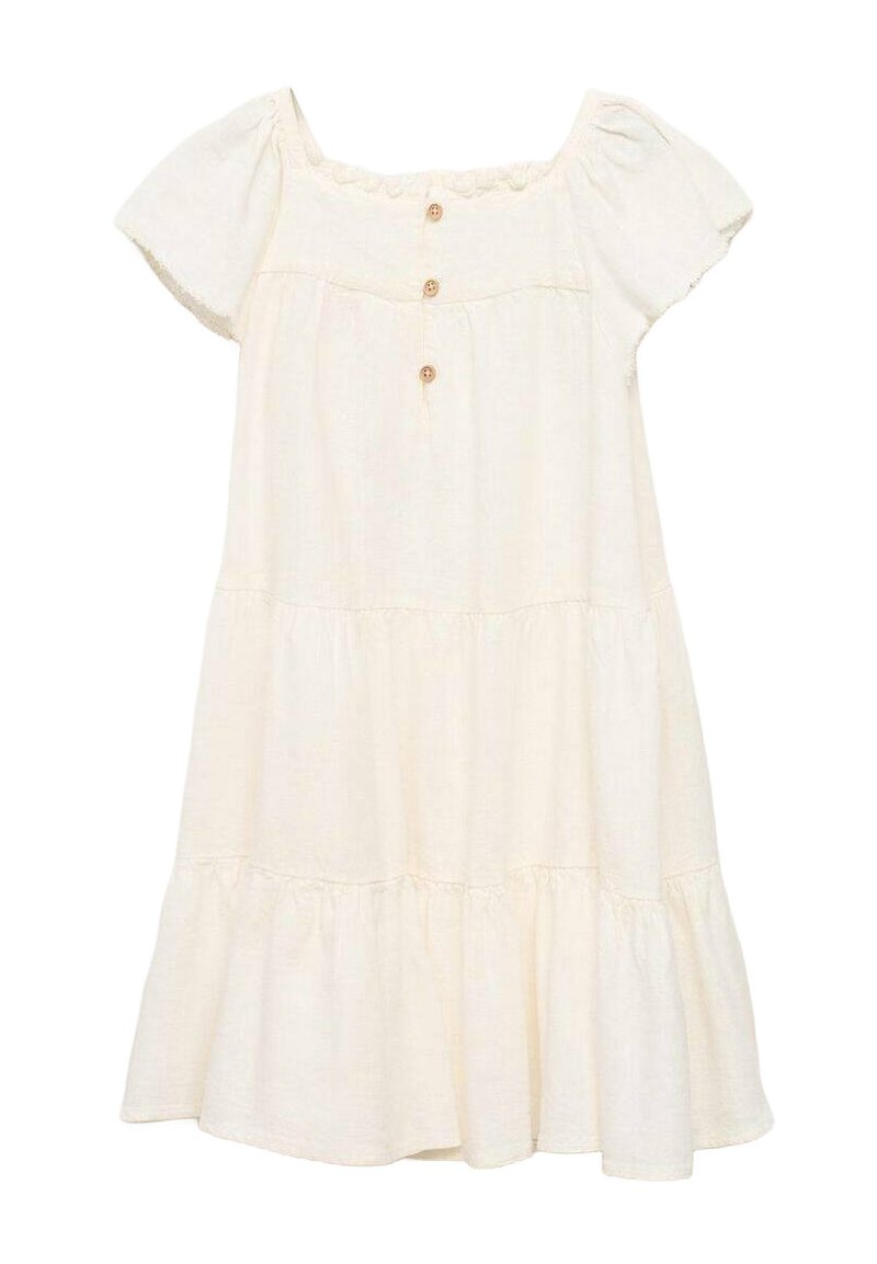 Robe à manches courtes en tissu blanc cassé, avec un décolleté carré, trois boutons sur le devant et des manches volantées.