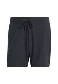 Schwarze Badeshorts aus leichtem Stoff mit einem elastischen Bund, verstellbarem Kordelzug und dezentem Texmuster.