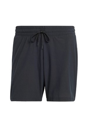 Black swim shorts made of lightweight fabric with an elastic waistband, adjustable drawstring, and subtle textured pattern.