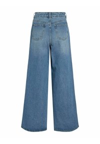 Pantalon en jean à jambes larges de couleur bleu clair, doté d'une taille haute, d'une ceinture élastique, de deux poches arrière et d'une texture lisse.