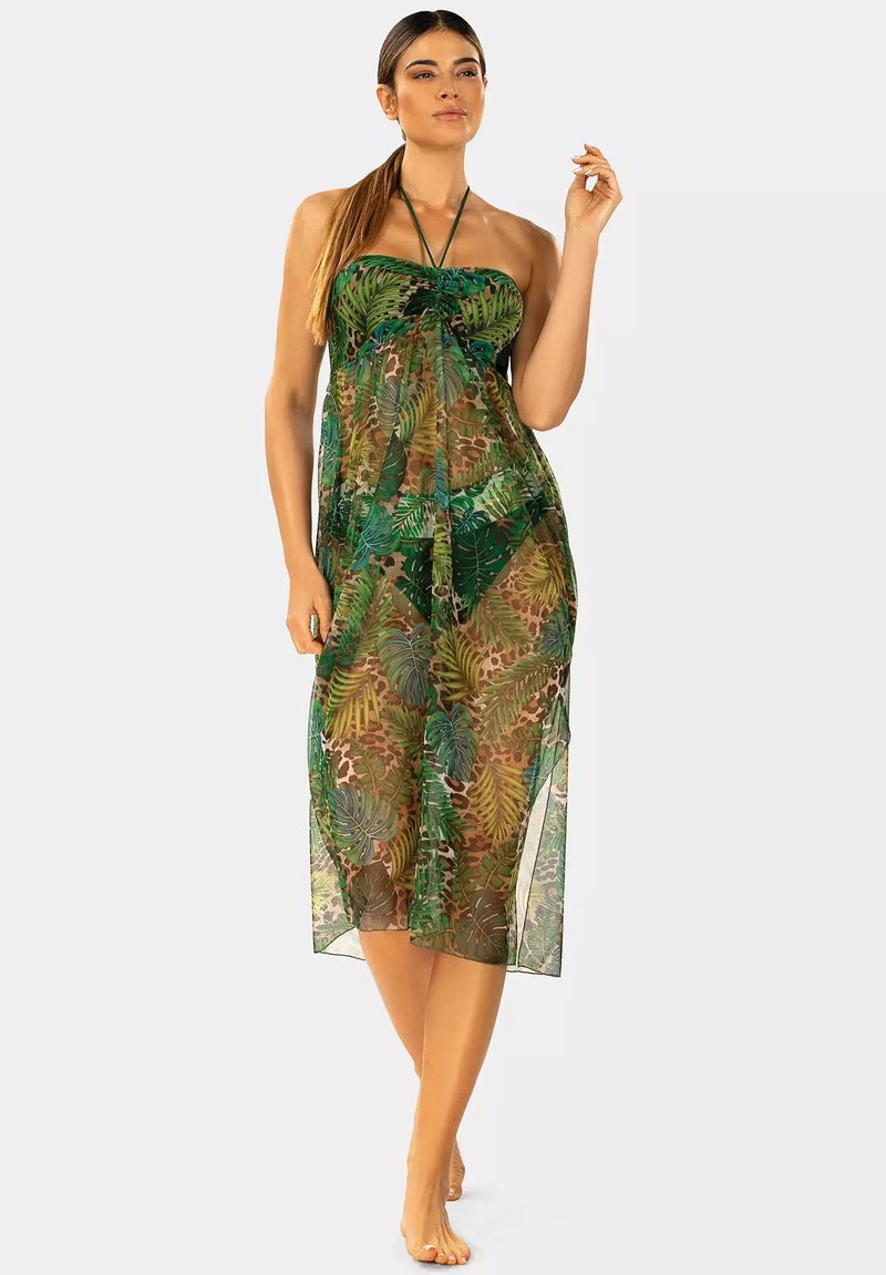 Przezroczysta zielona sukienka plażowa w tropikalny wzór, bez ramiączek, z kwiatowymi motywami i zwiewnym krojem.