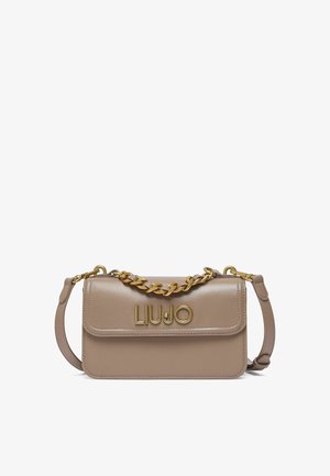 Beige leather handbag with gold chain detail and "LIU JO" gold logo on front flap, featuring an adjustable shoulder strap.